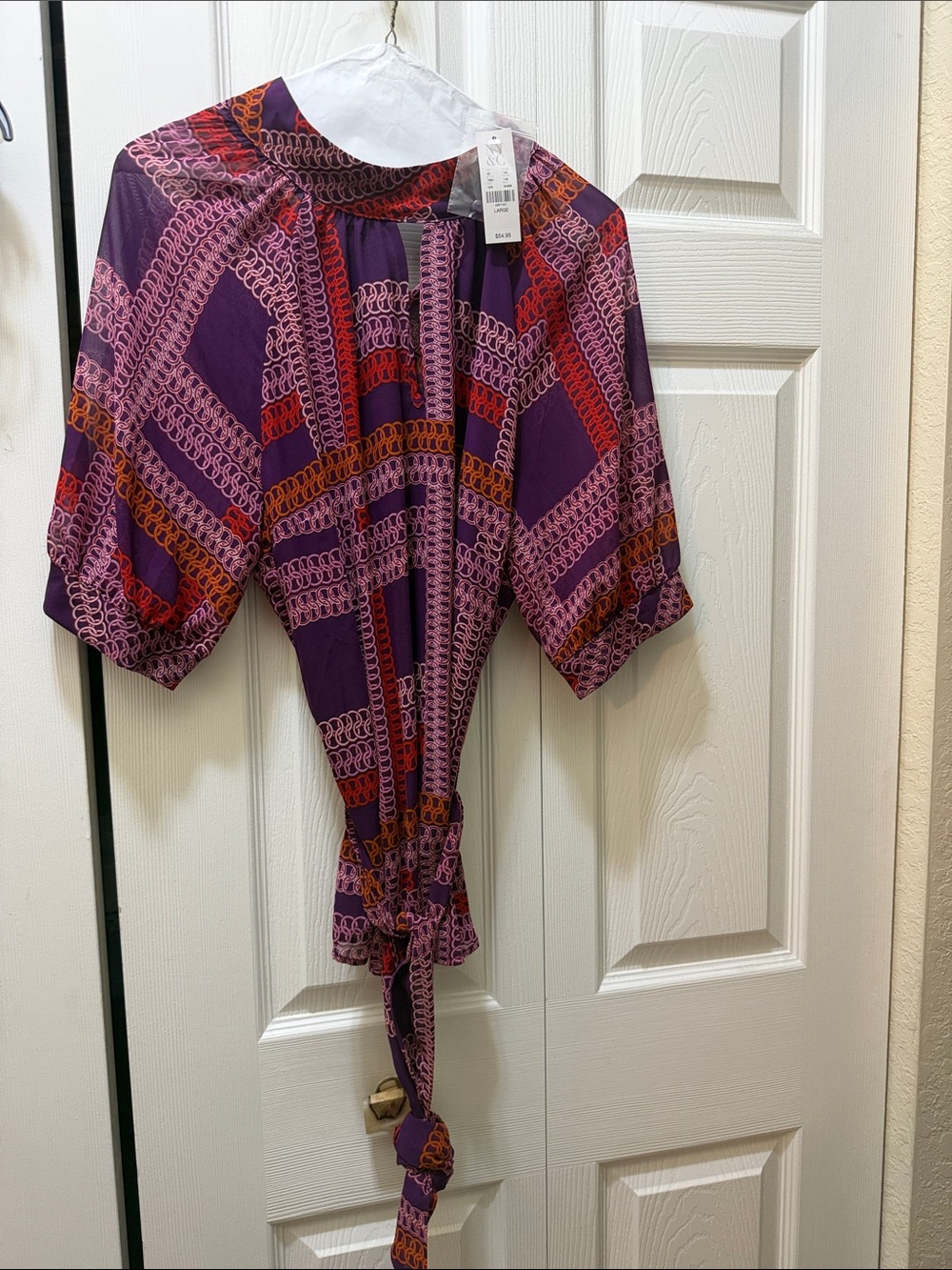 Purple Patterned Tie-Front Women’s Blouse